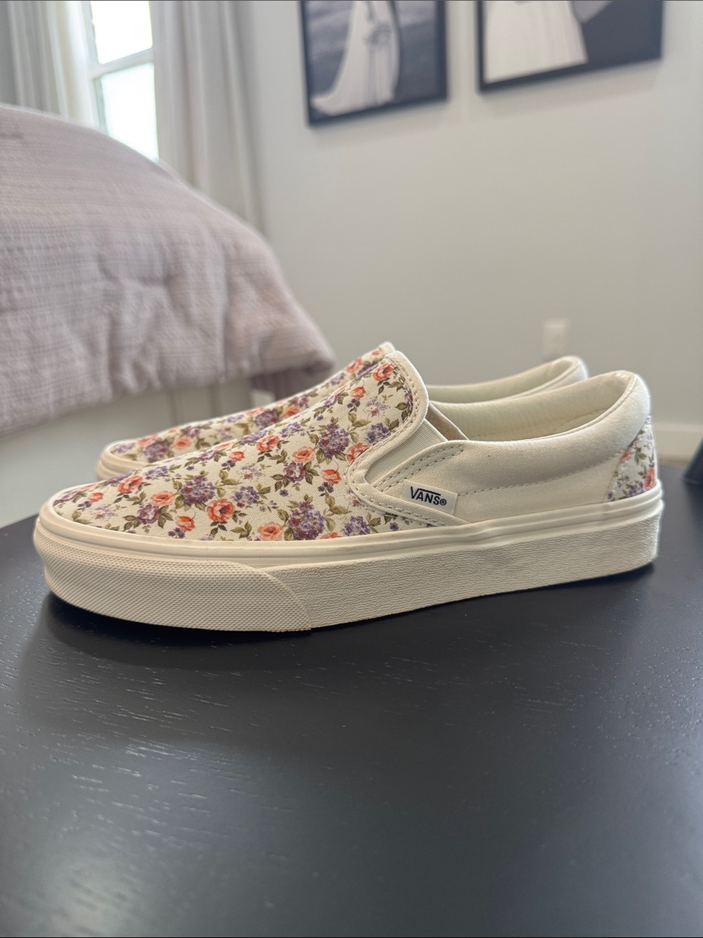 Vans Slip-On Canvas Sneakers in Cream with Pink & Purple Floral